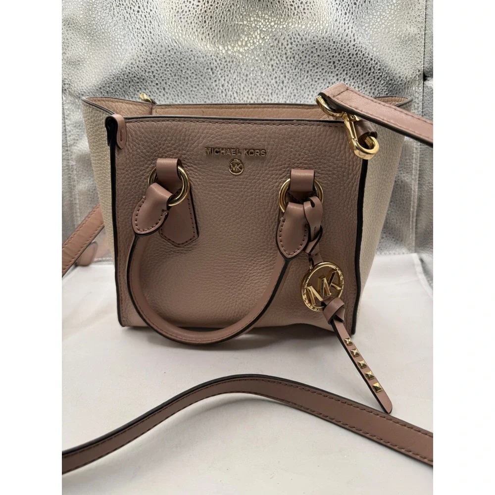 Michael Kors Pink‎ Beige Leather Satchel Crossbody Bag Gold Hardware MK Charm